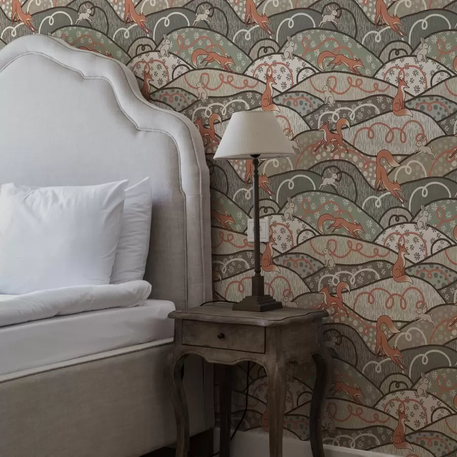 fototapeter Ræve og harer på bølgende bakker, retro mønster a00690