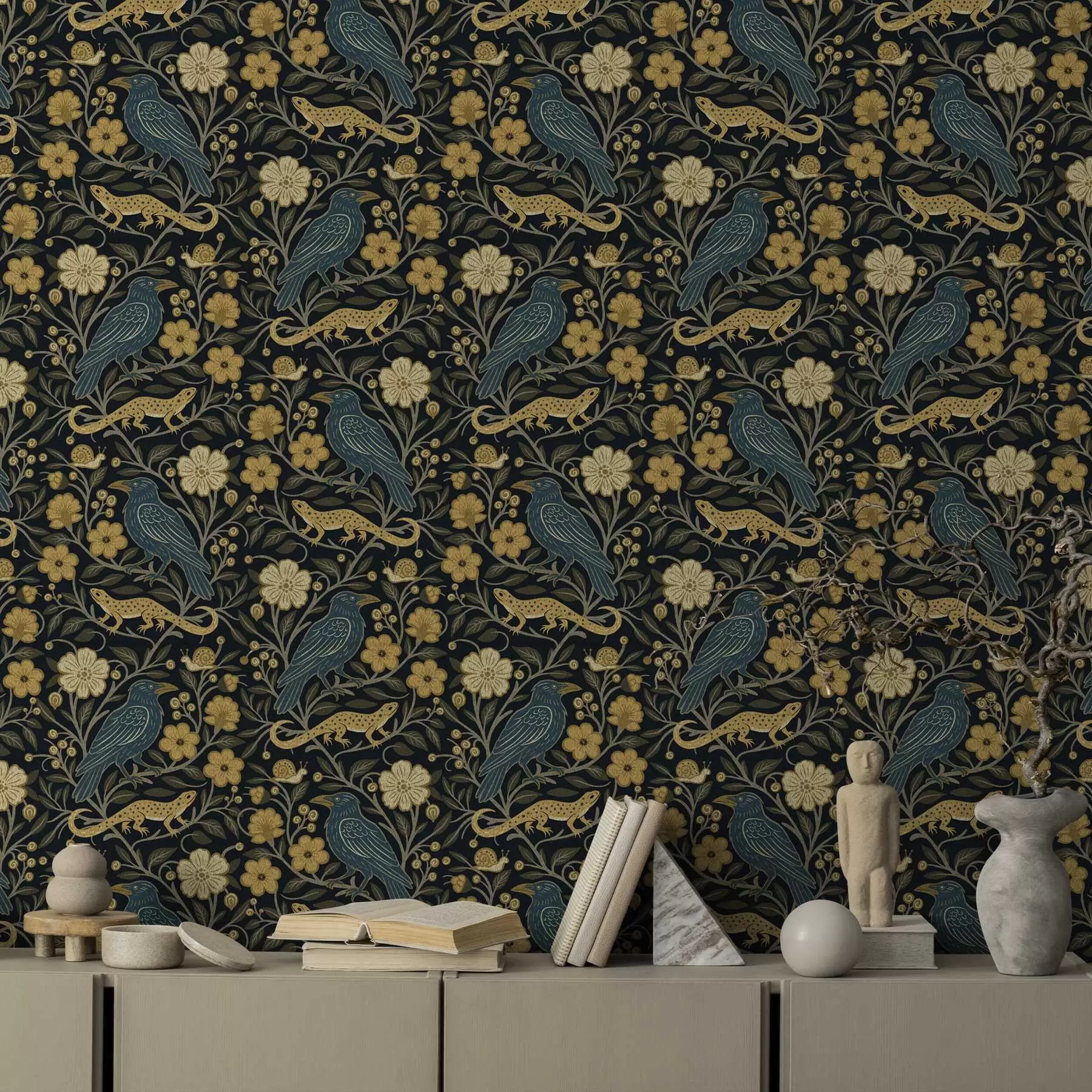 fototapeter Fugle, firben og snegle blandt blomster på en mørk baggrund a00691