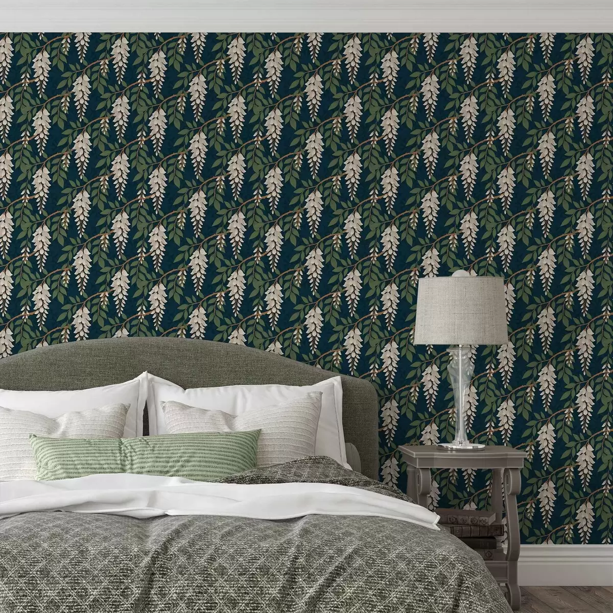 Baggrund Elfenbensfarvet blåregn på en dyb blågrøn baggrund a00694v1