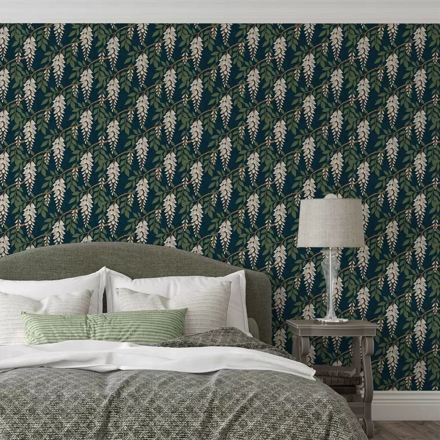 Fototapete Elfenbeinfarbene Glyzinien auf tiefem blaugrünem Hintergrund a00694v1