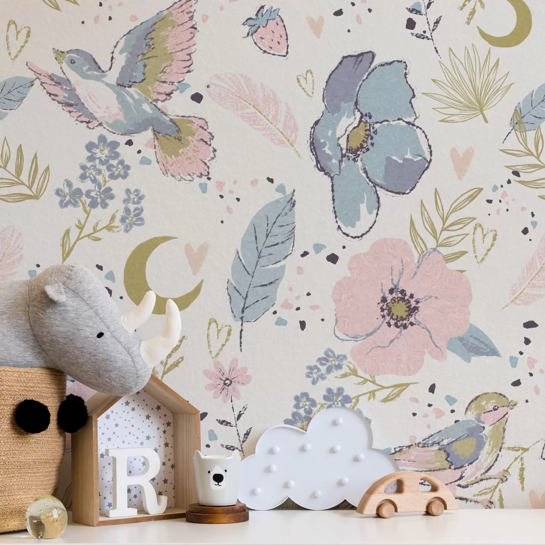 fototapeter Pastelfarvede fugle og blomster med halvmåner på hvid baggrund a00721