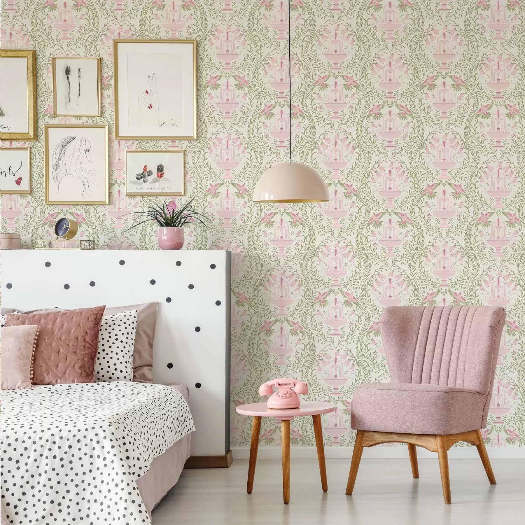 Murale Fontaines, colibris et volutes vertes sur fond clair a00723