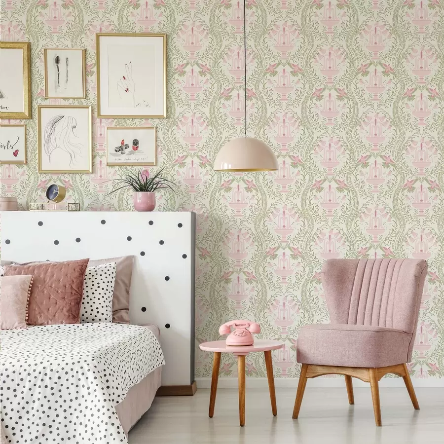 fototapeter Springvand, kolibrier og grønne ruller på en lys baggrund a00723