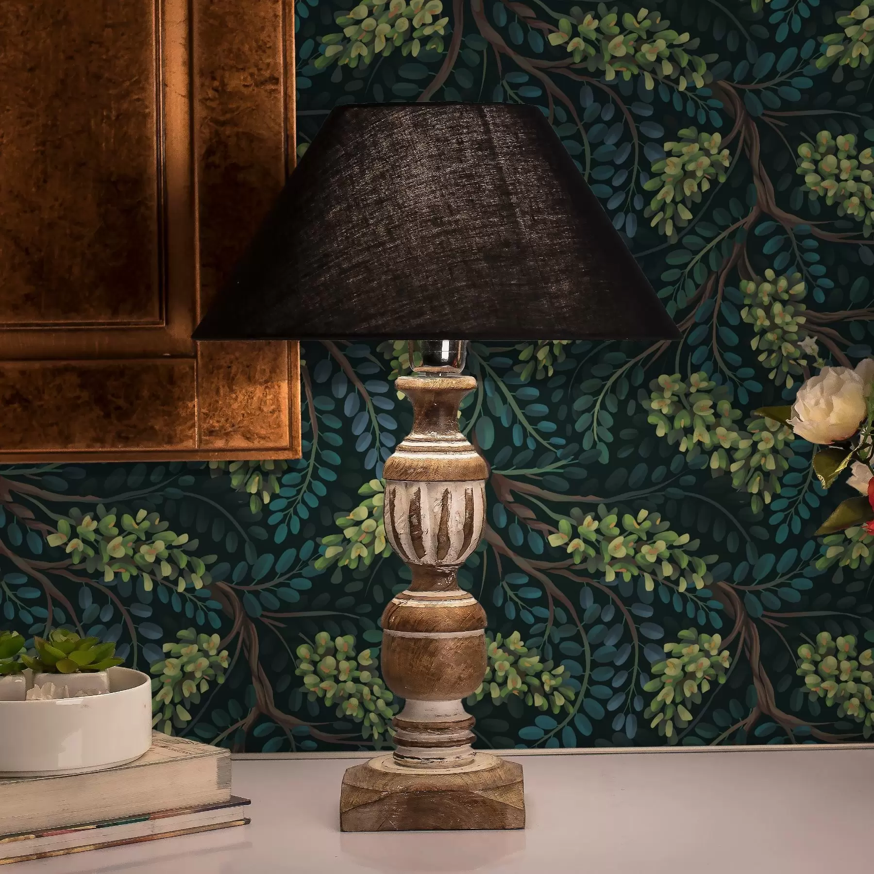 fototapeter Grene med grønne blomsterstande på mørk baggrund a00786