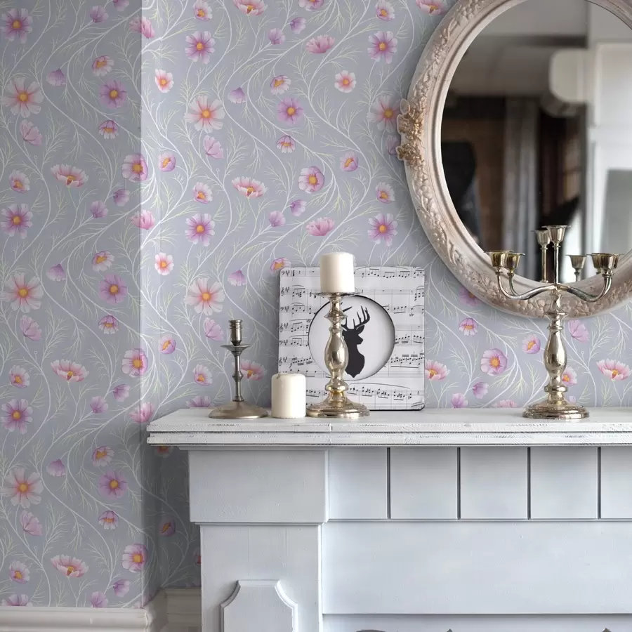 fototapeter Lyserøde kosmosblomster og slanke stængler på grå baggrund a00791