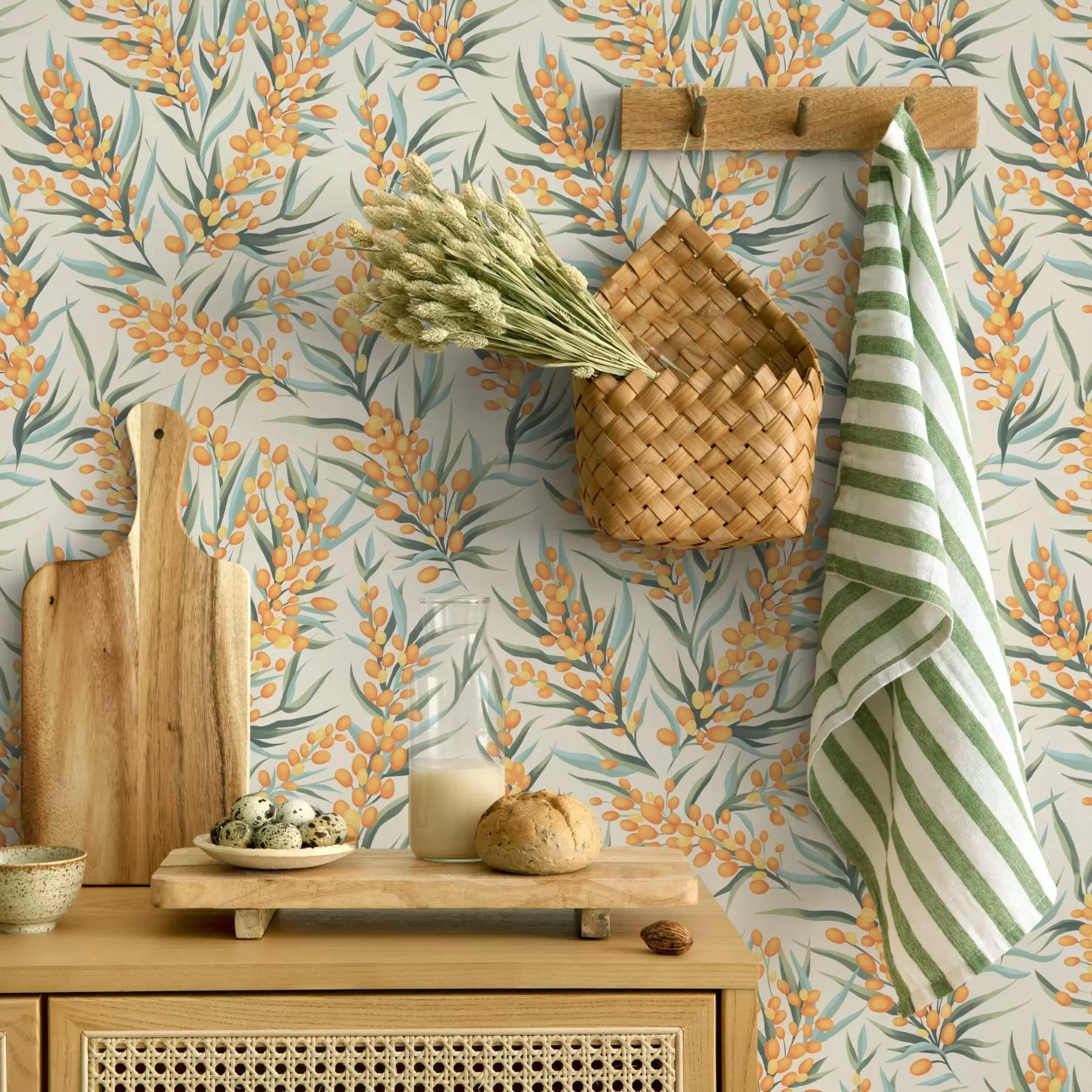 Murale Branches d'argousier avec des baies orange, fond clair a00792