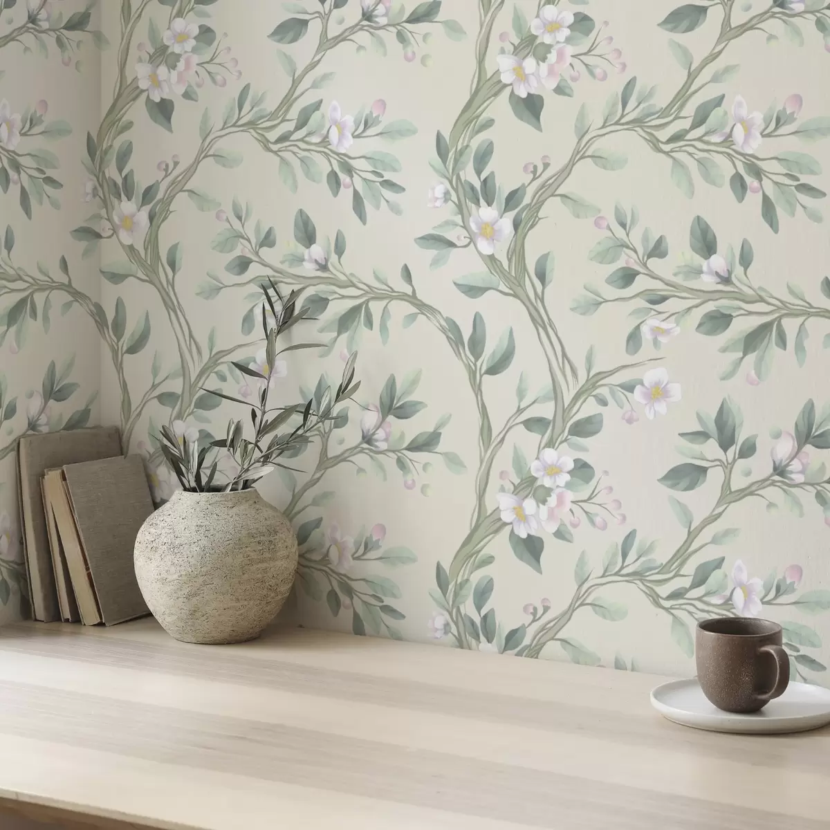 Tapete Zarte blühende Zweige auf cremefarbenem Hintergrund, Pastellfarben a00793