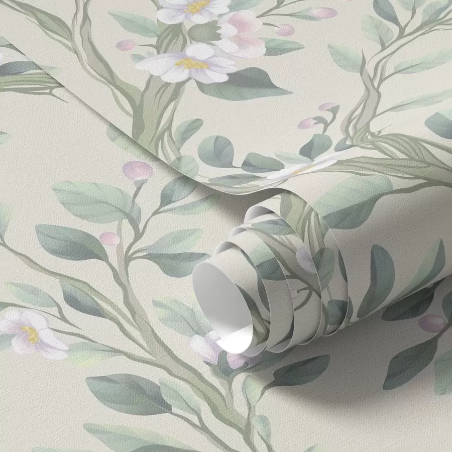 fototapeter Delikate blomstrende grene på en cremefarvet baggrund, pastelfarver a00793