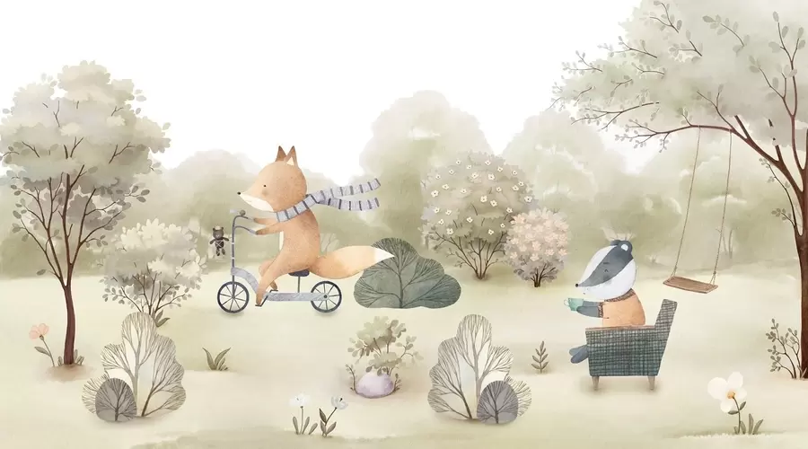 fototapeter Ræv på cykel og grævling med te, skovdyr i akvarelstil w09439