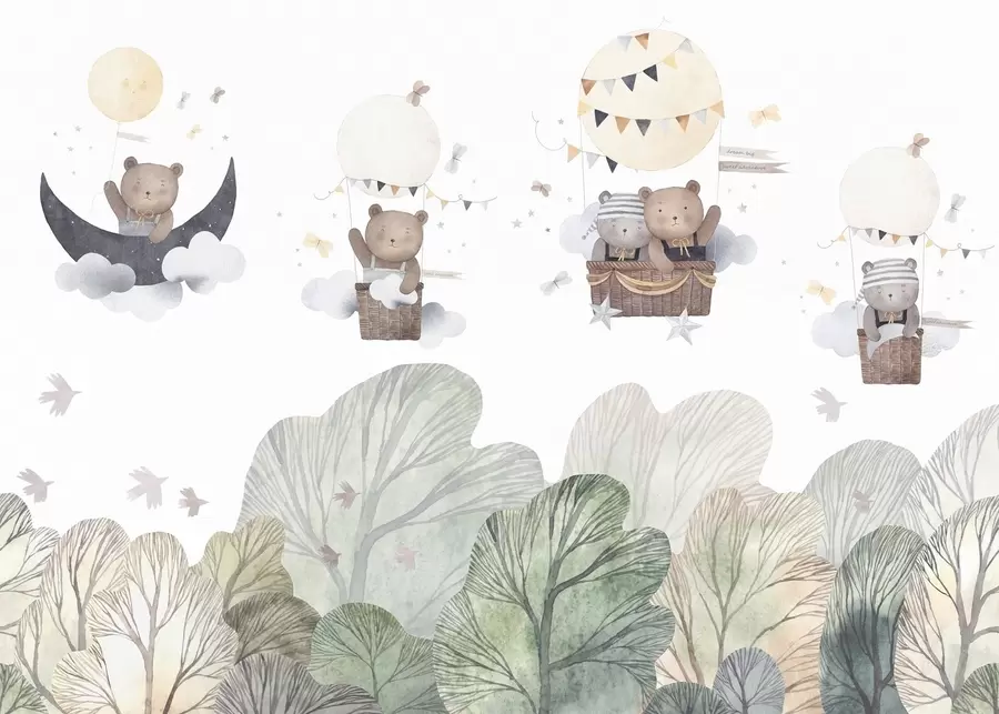 fototapeter Akvarel-stil balloner med bjørne over skoven w09437