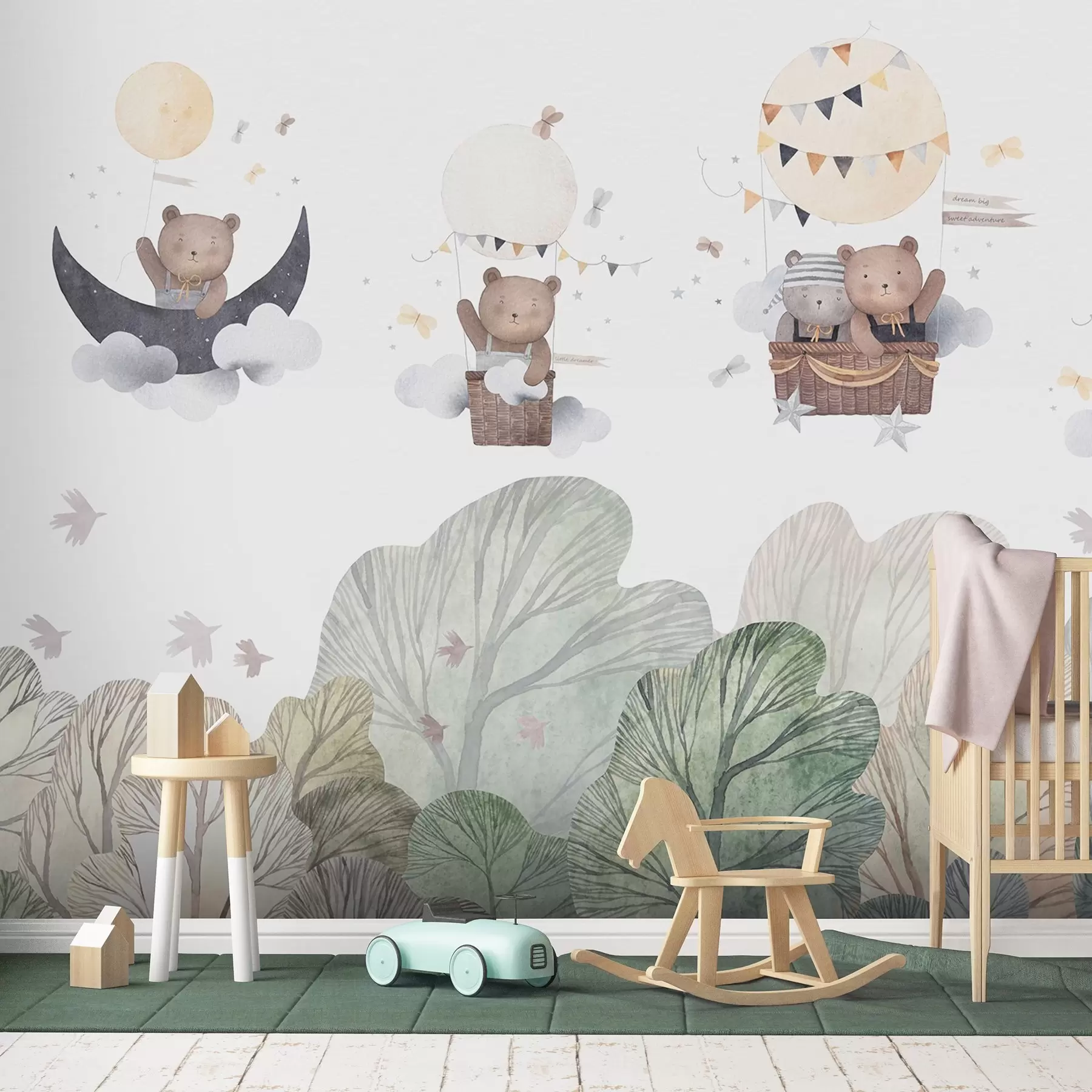 fototapeter Akvarel-stil balloner med bjørne over skoven w09437