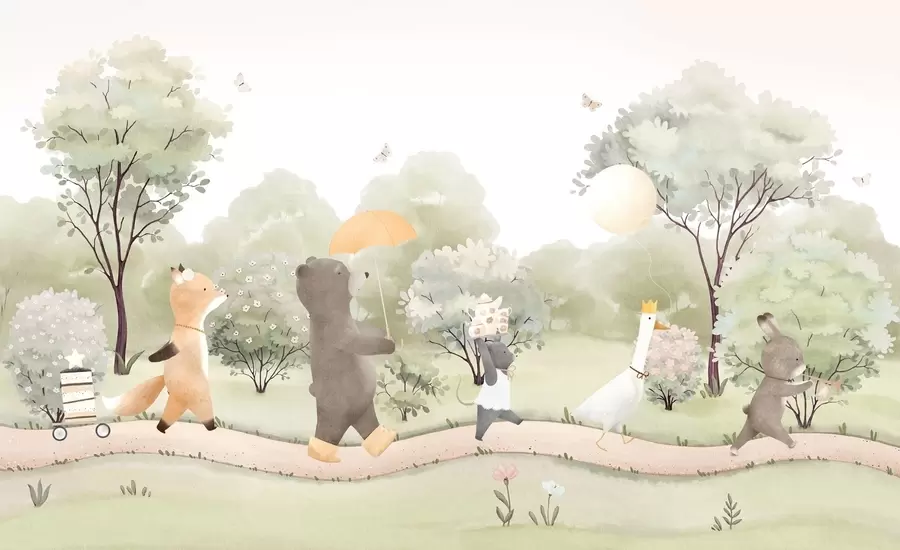 fototapeter Festlig rejse med små dyr gennem skoven i akvarelstil w09440