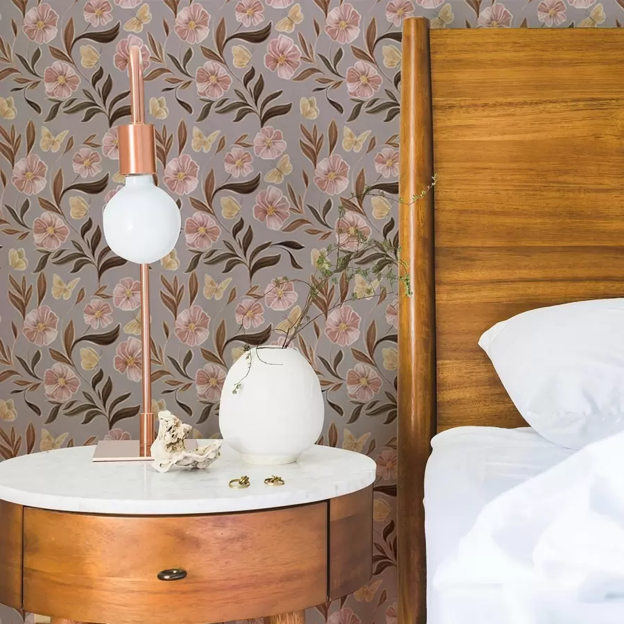 fototapeter Lyserøde blomster og sommerfugle på en gråbeige baggrund a00633