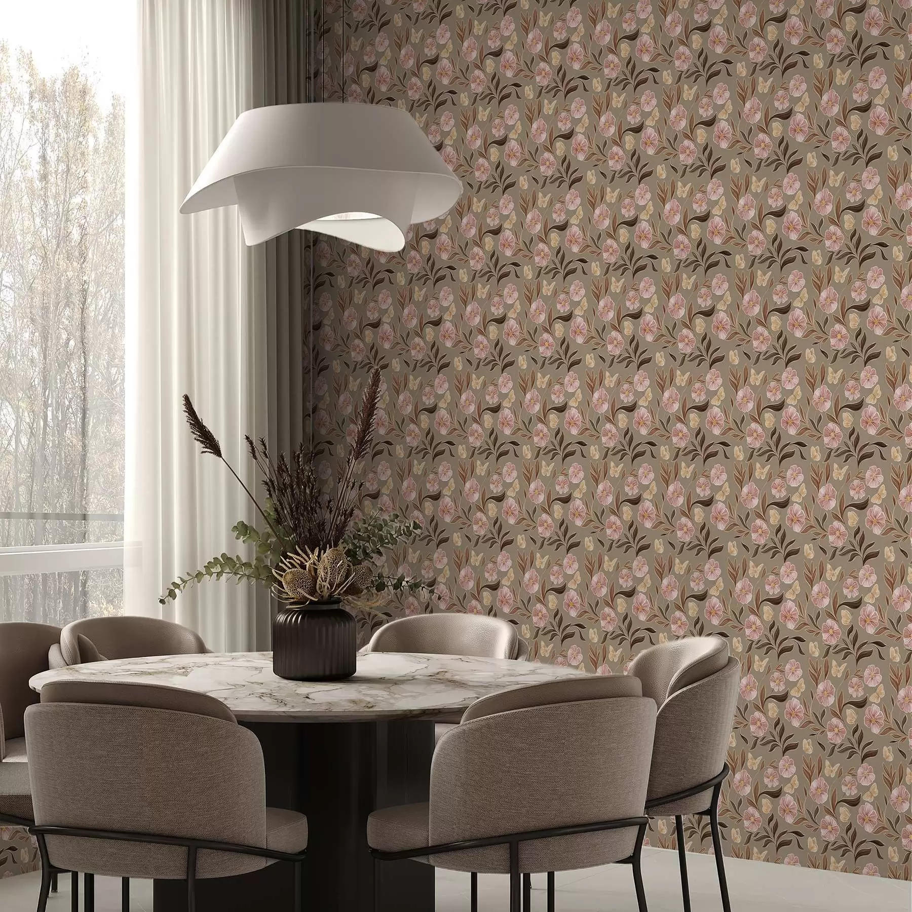 Murale Fleurs roses et papillons sur fond beige olive a00633v2