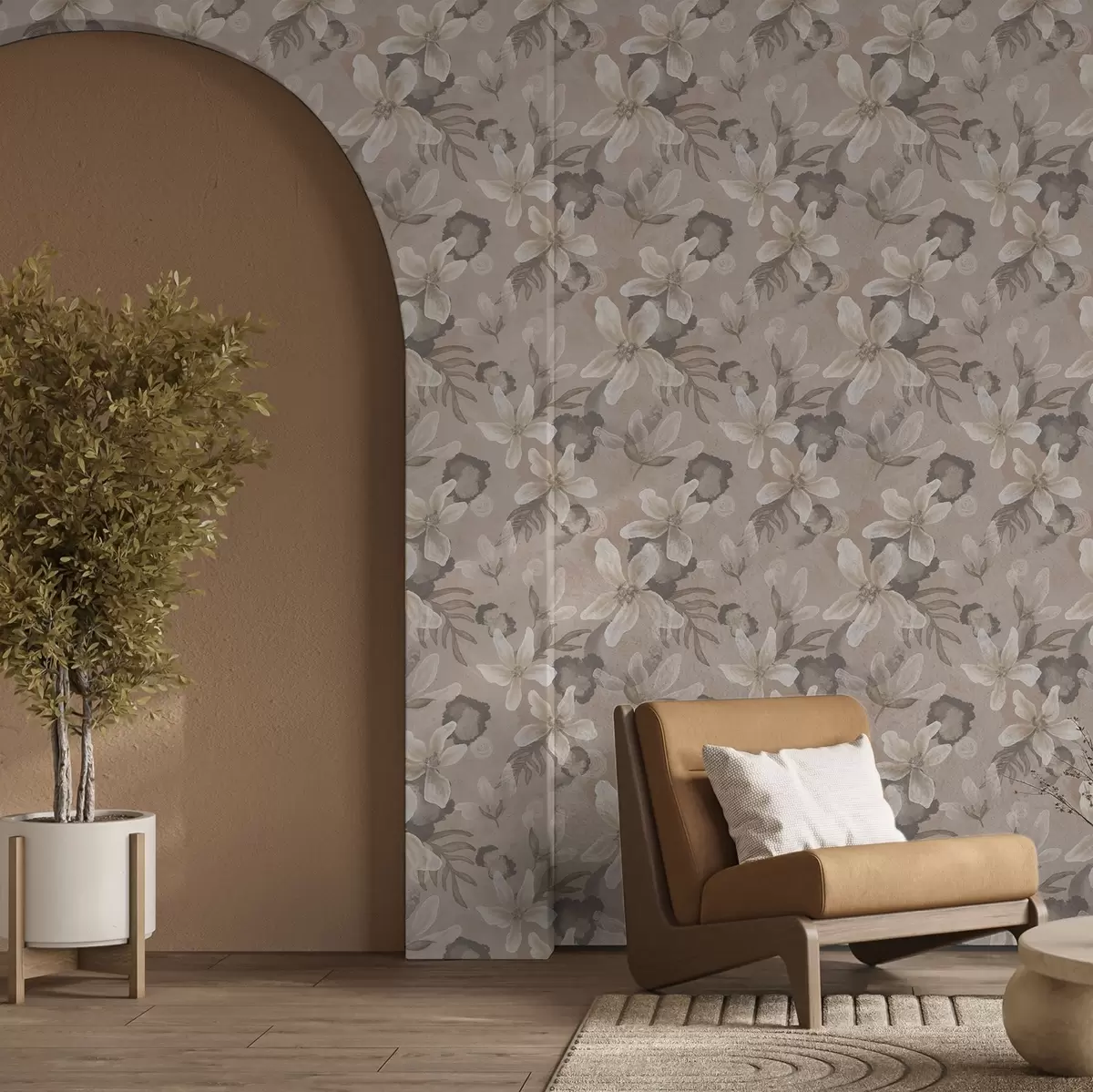 Papier peint Grandes fleurs beiges avec des taches abstraites à l'aquarelle a00635