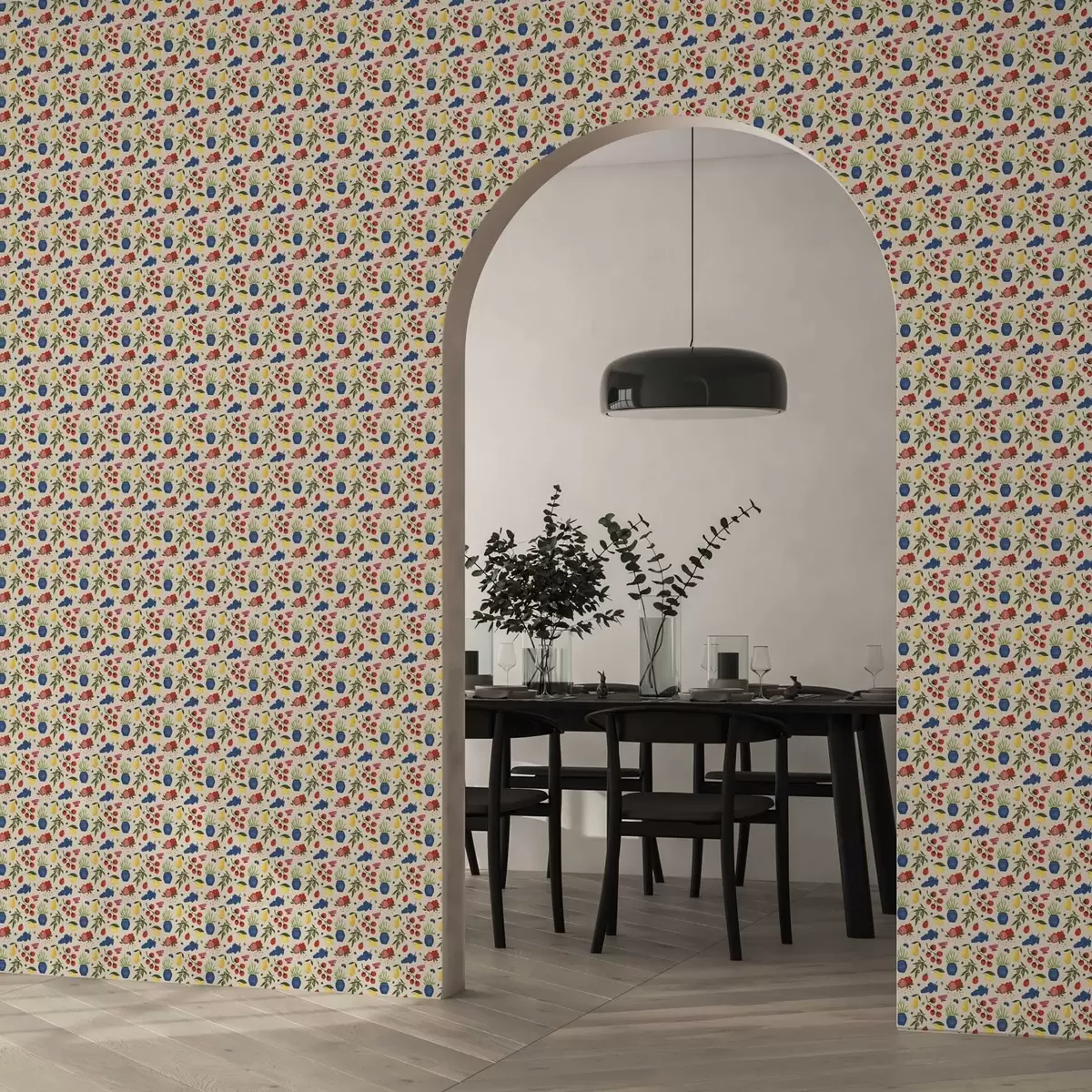 Baggrund Livligt mønster med frugter, grene og vaser a00637