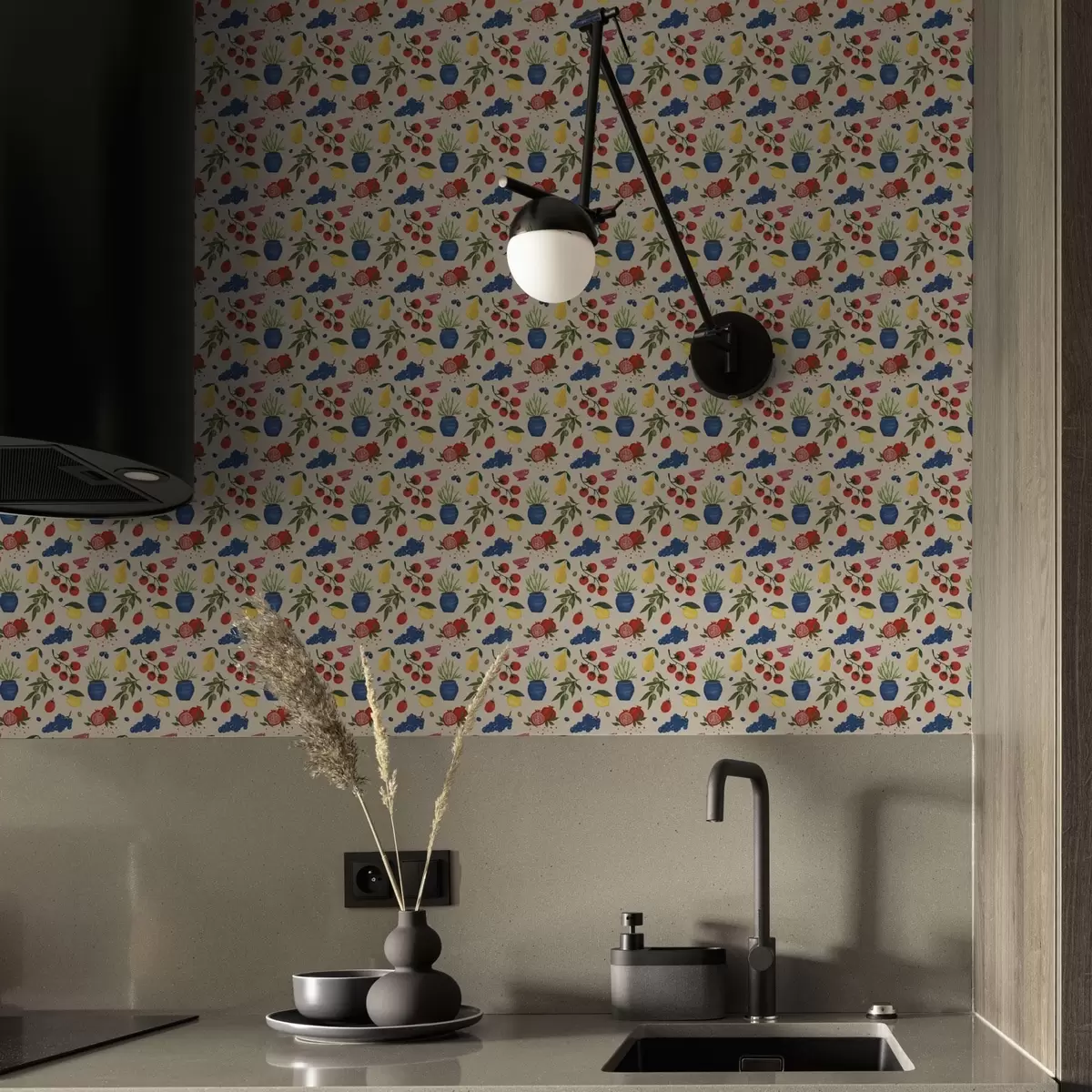 Baggrund Livligt mønster med frugter, grene og vaser a00637