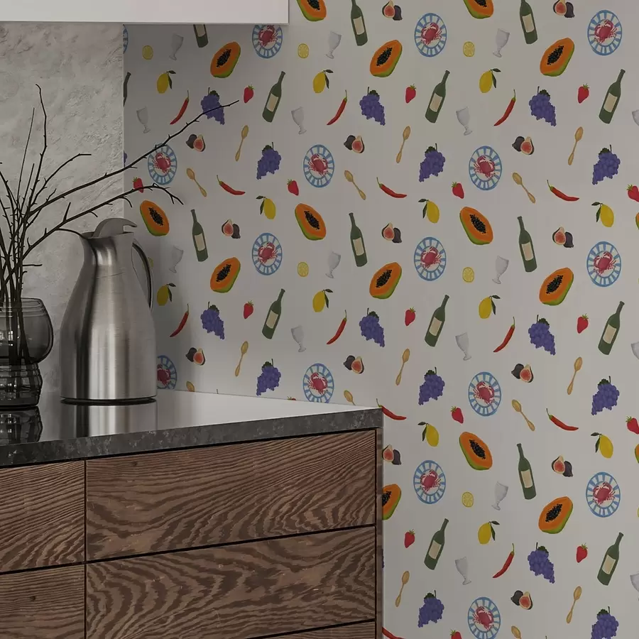 fototapeter Arrangerede frugter, vin og krydderier på en lys baggrund a00639