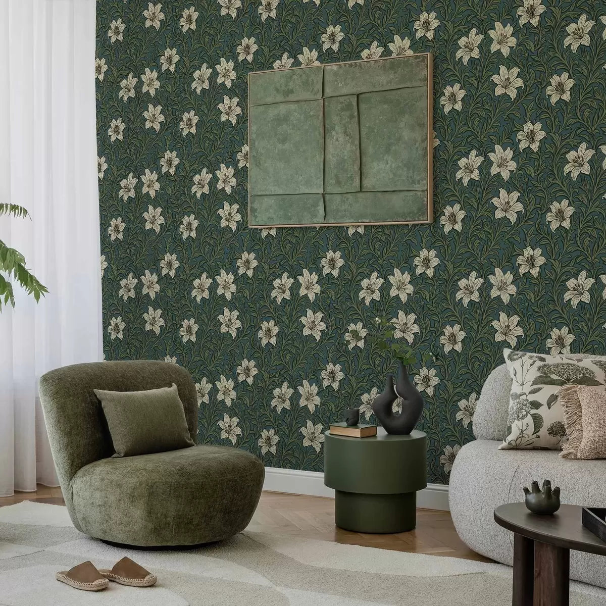 Baggrund Cremefarvede liljer blandt tæt bevoksning på turkis baggrund a00645