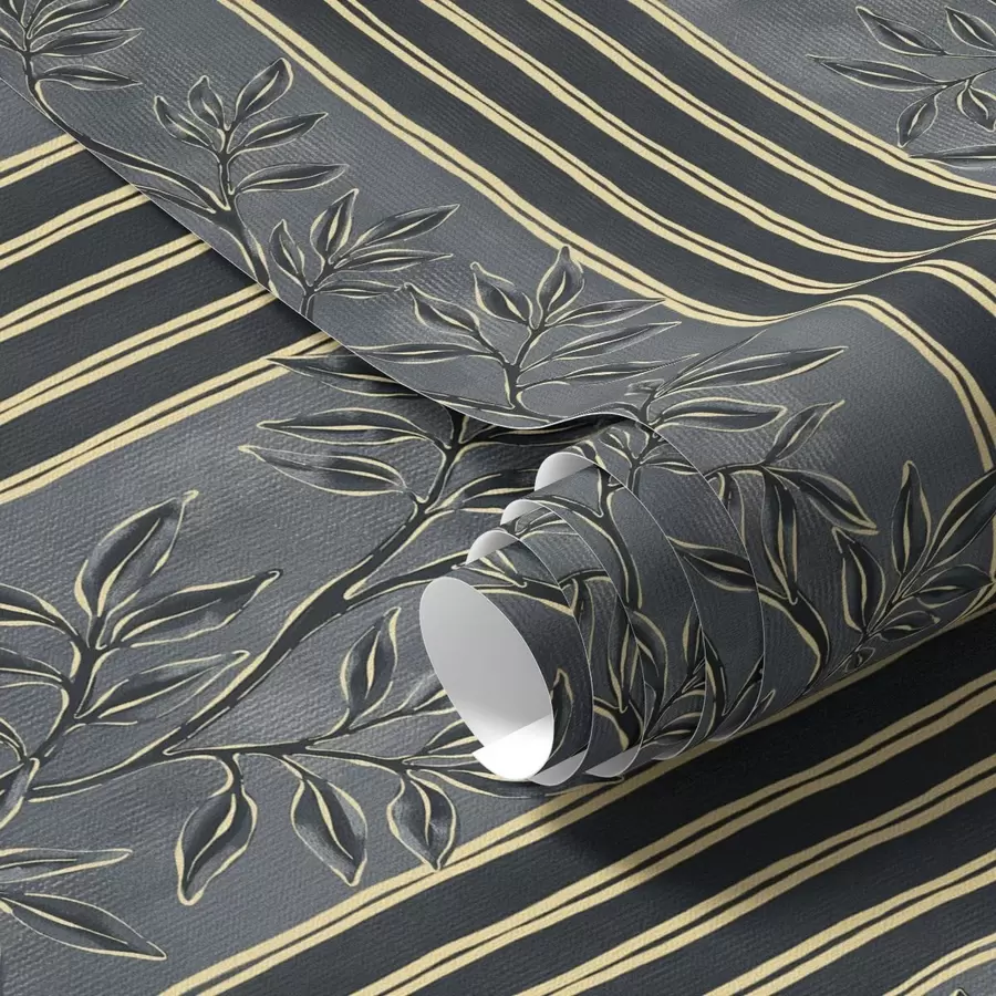 Murale Rayures verticales avec motifs botaniques dans des tons sombres a00648