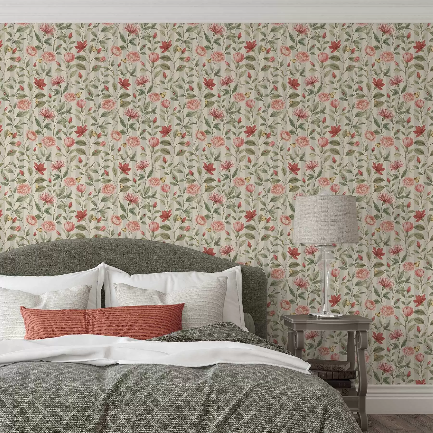 Murale Tiges florales avec papillons sur fond clair a00698