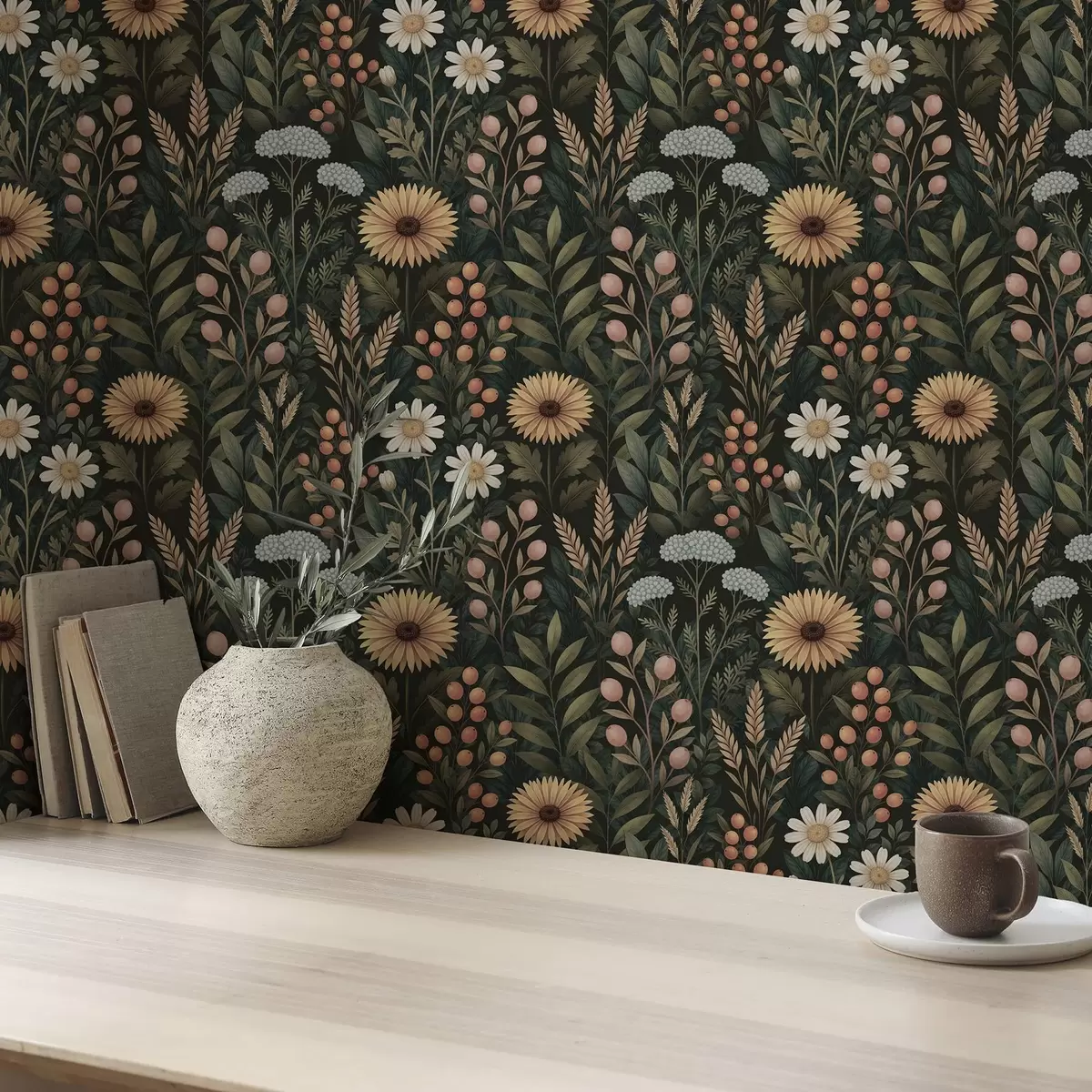 Baggrund Vilde blomster og bær på mørk baggrund, naturligt ornament a00707