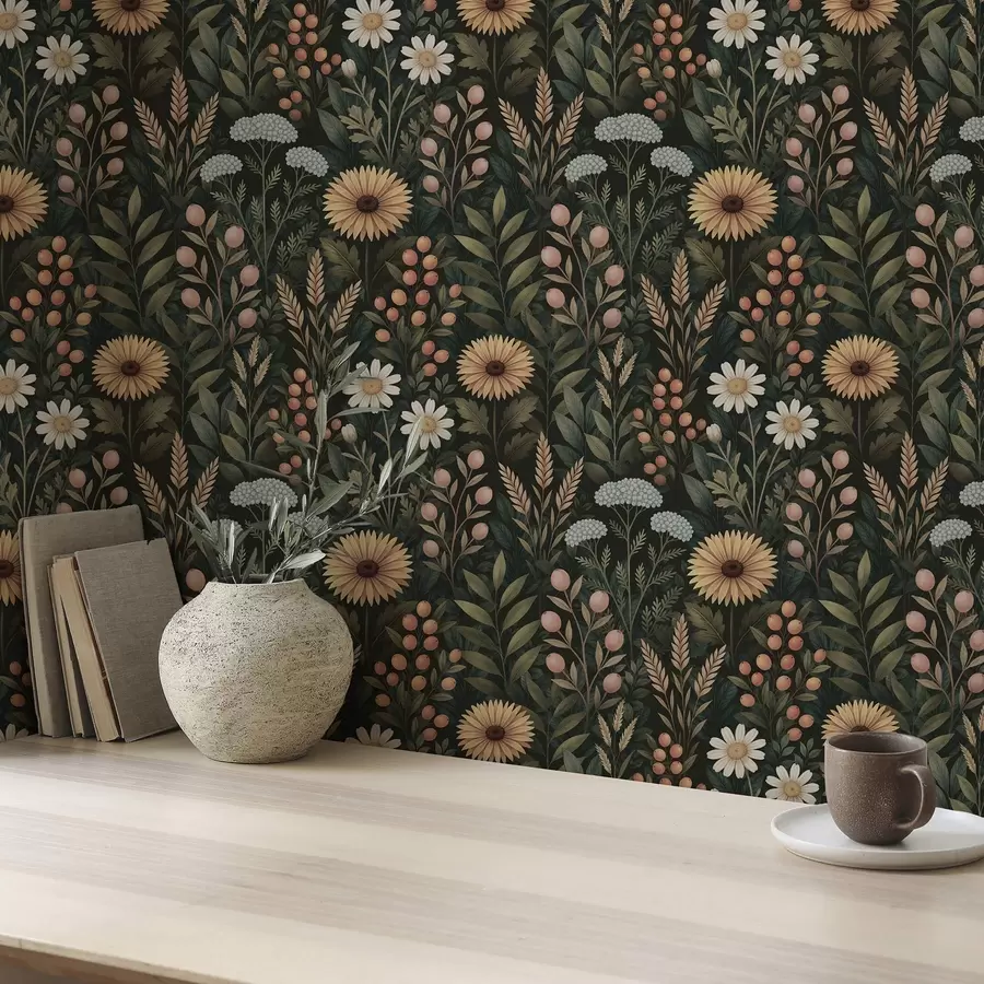 fototapeter Vilde blomster og bær på mørk baggrund, naturligt ornament a00707