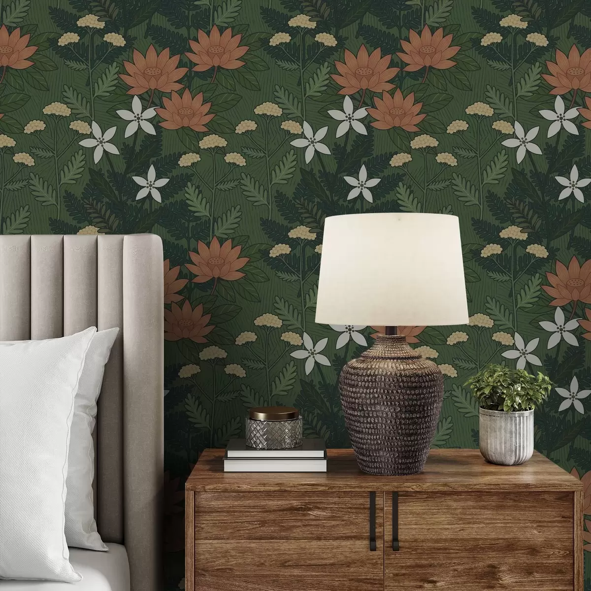 Papier peint Grandes fleurs parmi le feuillage vert, composition décorative a00708