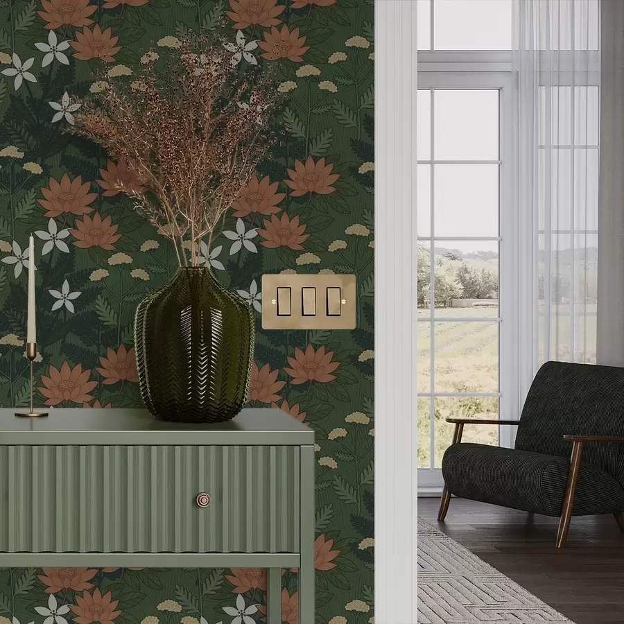 fototapeter Store blomster blandt grønt løv, dekorativ komposition a00708