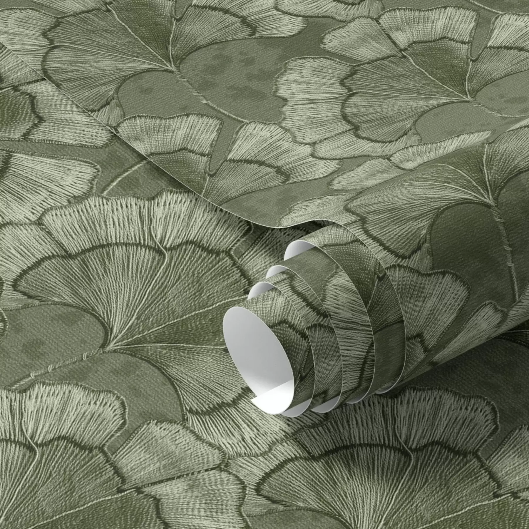 Murale Motif graphique avec des ginkgos dans une palette de verts froids a00709