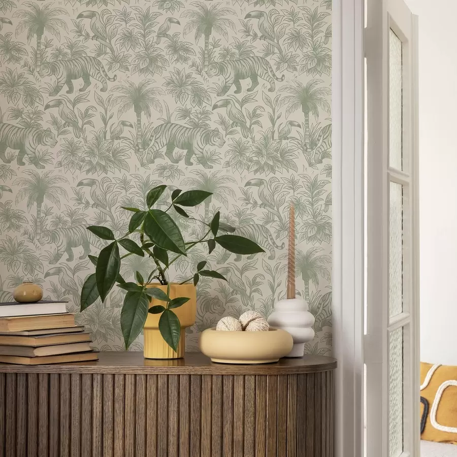 fototapeter Tigre og tropiske fugle blandt palmer på en lys baggrund a00711