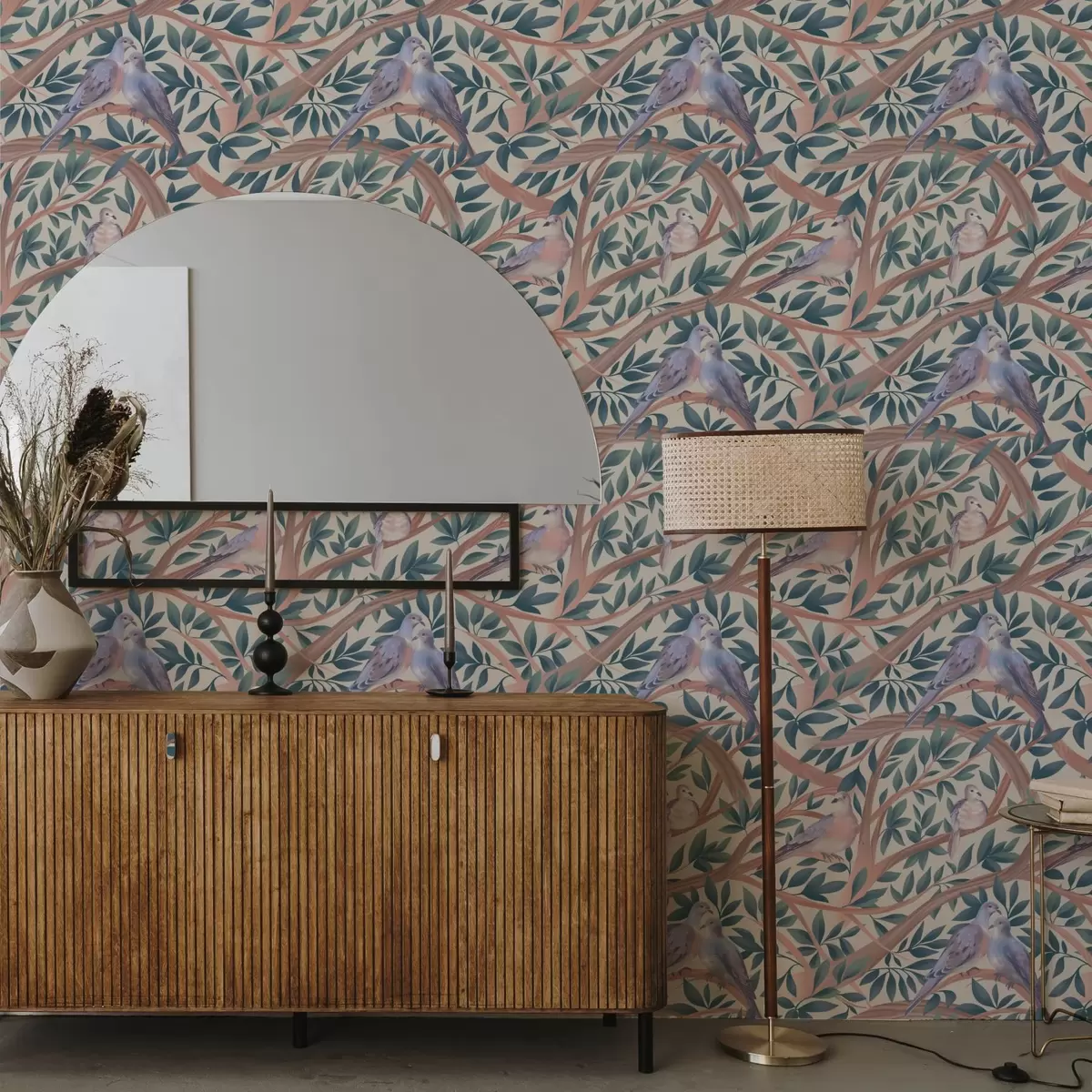 Papier peint Des colombes parmi les branches et les feuilles dans une palette de couleurs pastel douces a00796