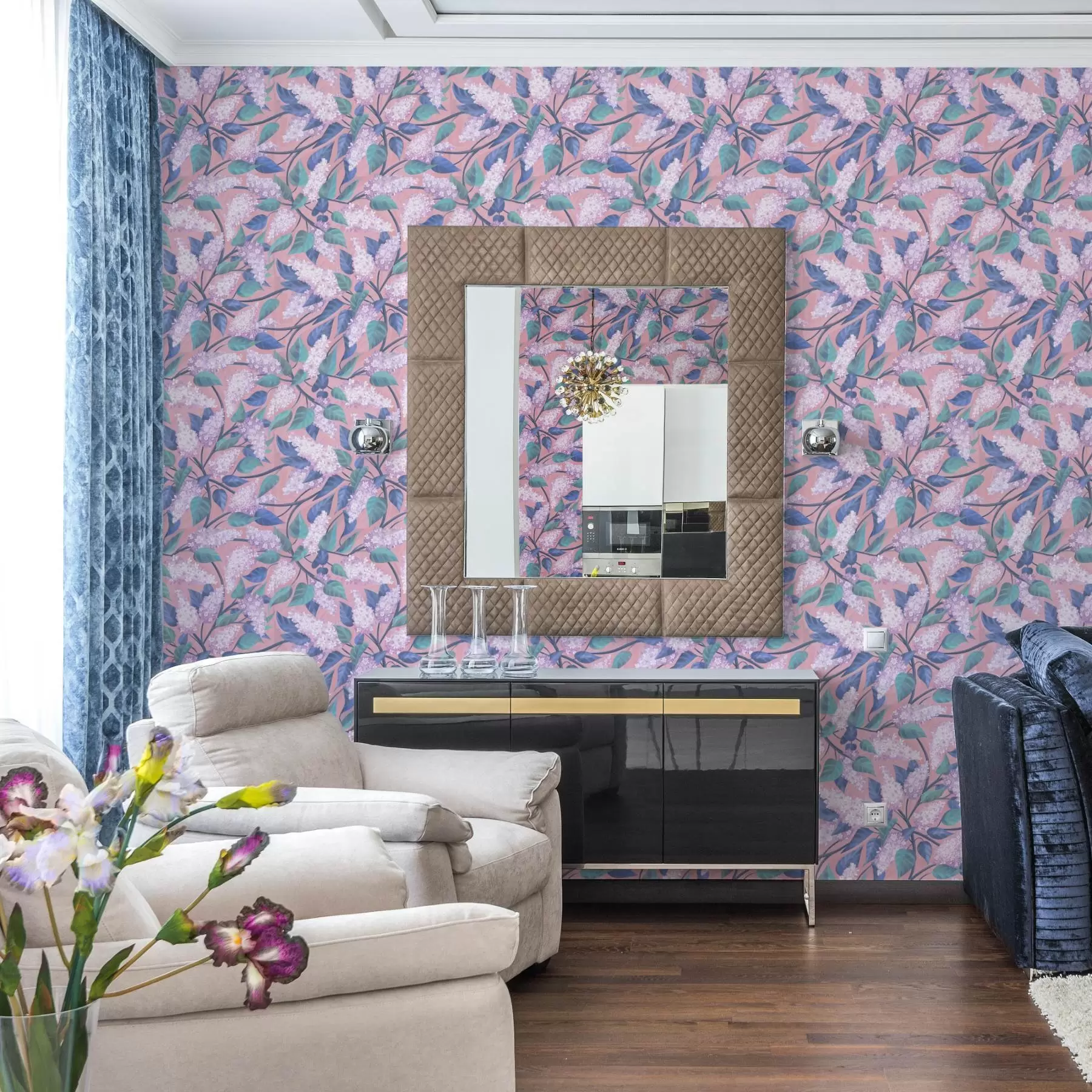 Murale Délicates fleurs lilas sur fond rose, ambiance printanière a00797