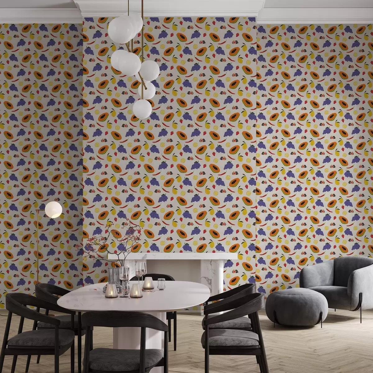 Baggrund Papaya, druer og citroner — en farverig frugtblanding a00803