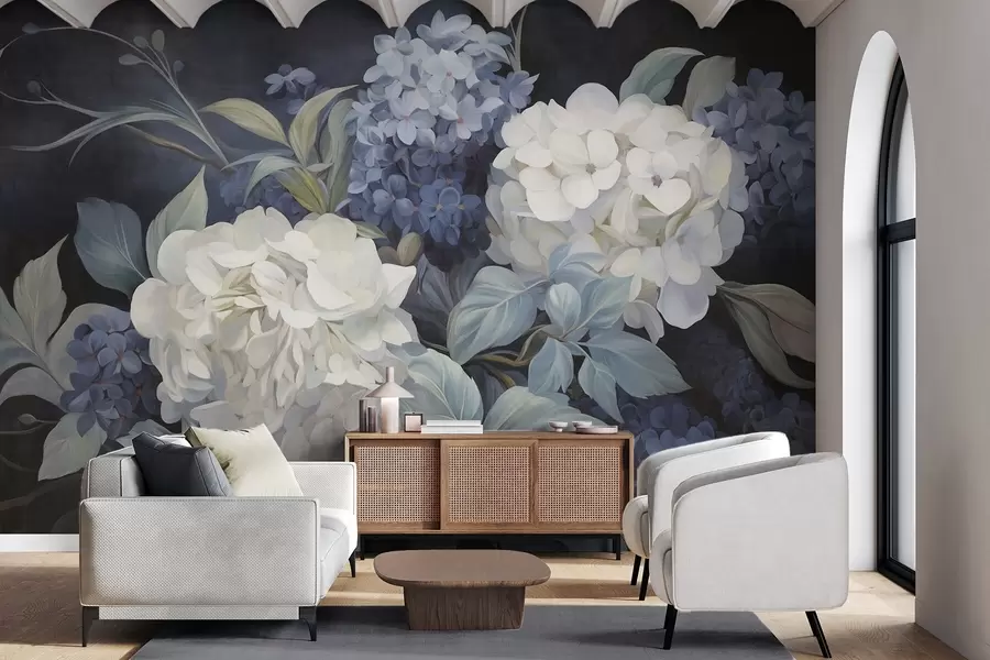 Murale Peinture texturée bleu foncé imitant des fleurs d'hortensias avec de grandes feuilles, fond abstrait et sombre w09465v1