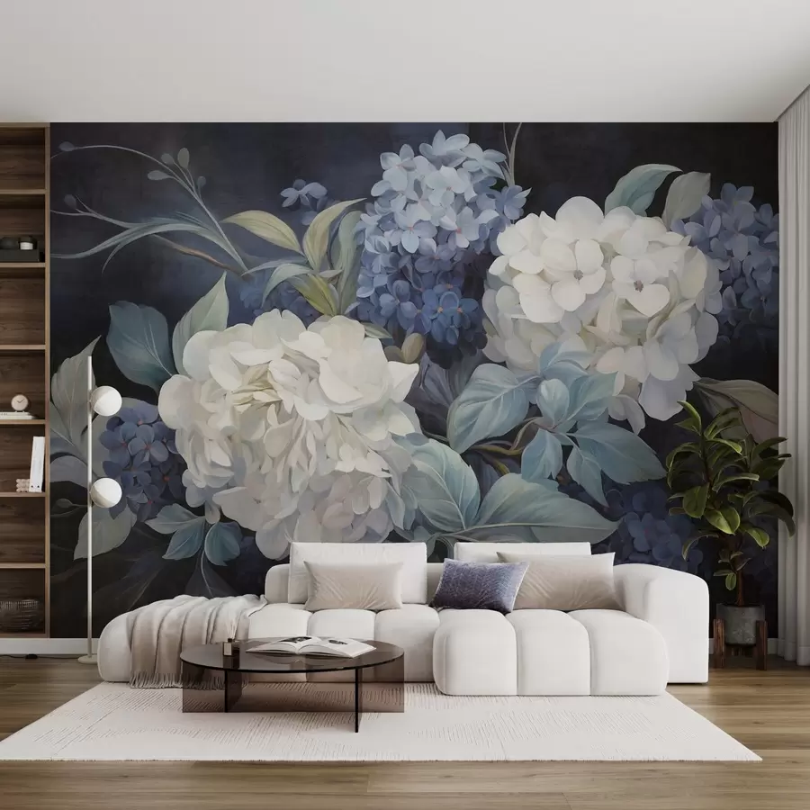 Murale Peinture texturée bleu foncé imitant des fleurs d'hortensias avec de grandes feuilles, fond abstrait et sombre w09465v1