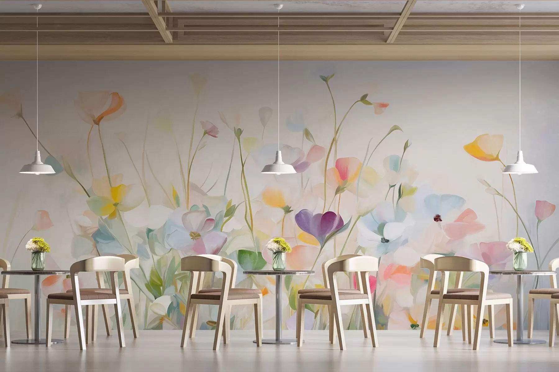 fototapeter Abstrakt felt med farverige blomster med lange stængler og grønne blade, struktureret, pastelfarver, lyse farver w09466