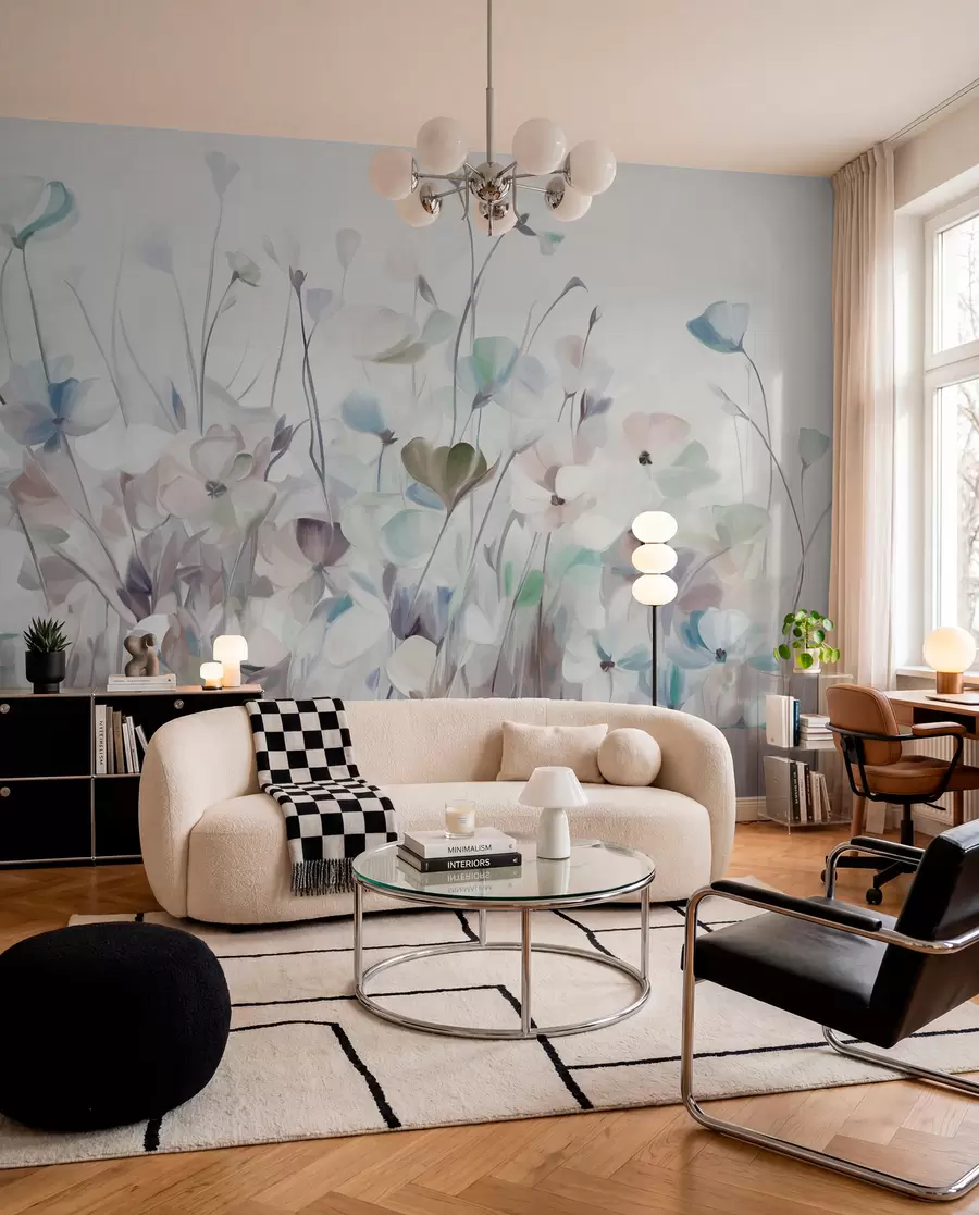 Murale Champ abstrait de fleurs bleues et brunes avec de longues tiges et feuilles, texturé, couleurs pastel et douces w09466v1