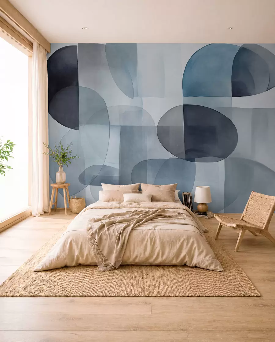 Fototapete Abstrakte, strukturierte Formen in Grau- und Blautönen, gedeckte Farben, minimalistische Komposition, neutraler Hintergrund w09467v1