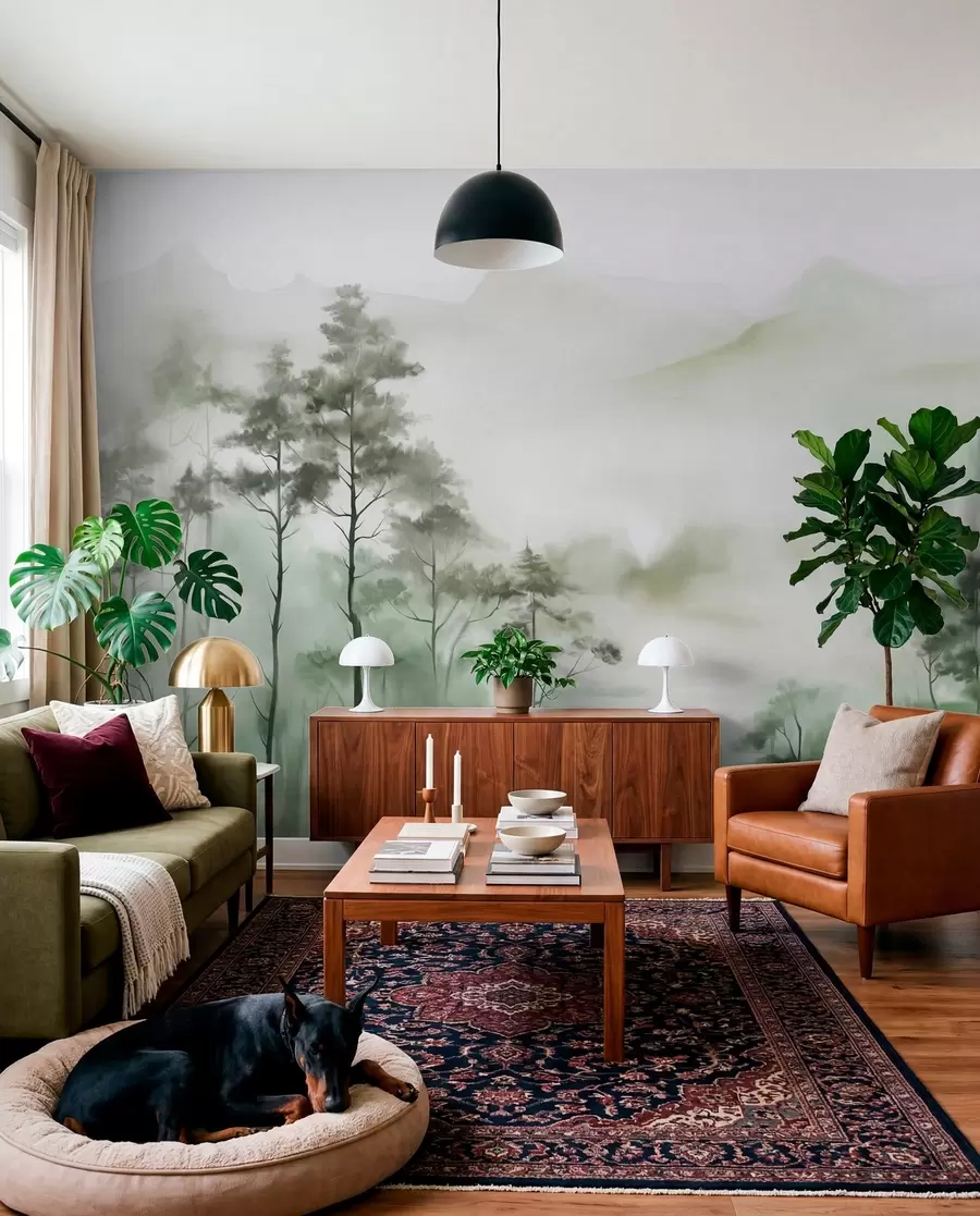 fototapeter Tåget landskab med høje træer og bjerge i dæmpede grønne og grå toner, minimalistisk stil, tekstureret w09469