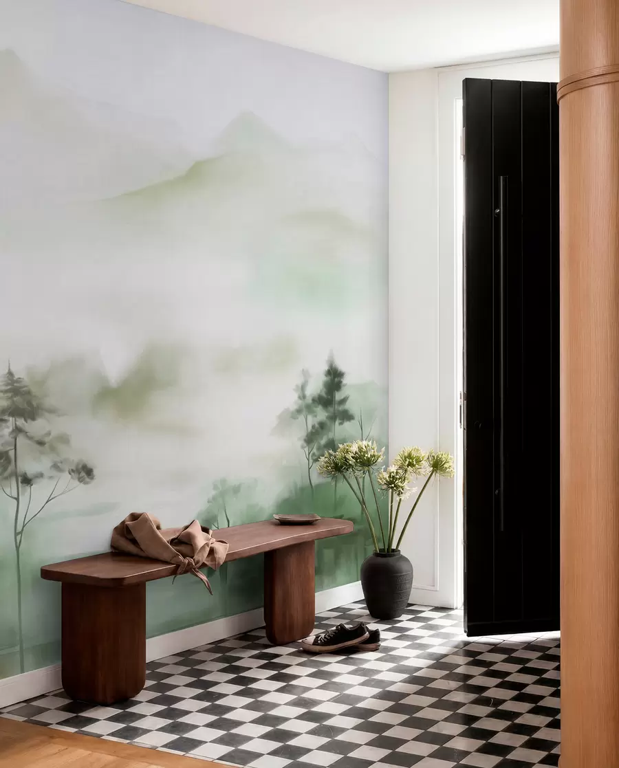 fototapeter Tåget landskab med høje træer og bjerge i dæmpede grønne og grå toner, minimalistisk stil, tekstureret w09469