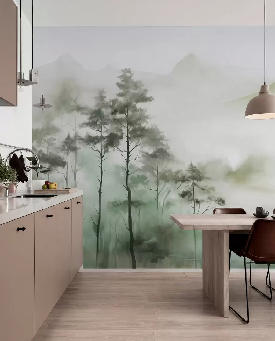fototapeter Tåget landskab med høje træer og bjerge i dæmpede grønne og grå toner, minimalistisk stil, tekstureret w09469