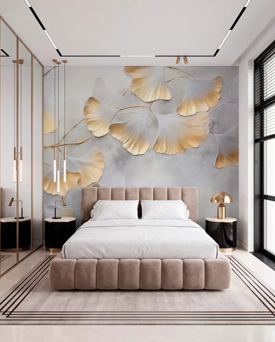 fototapeter Ginkgo biloba-blade med gule kanter på en gren, grå tekstureret baggrund, elegant og minimalistisk design w09472