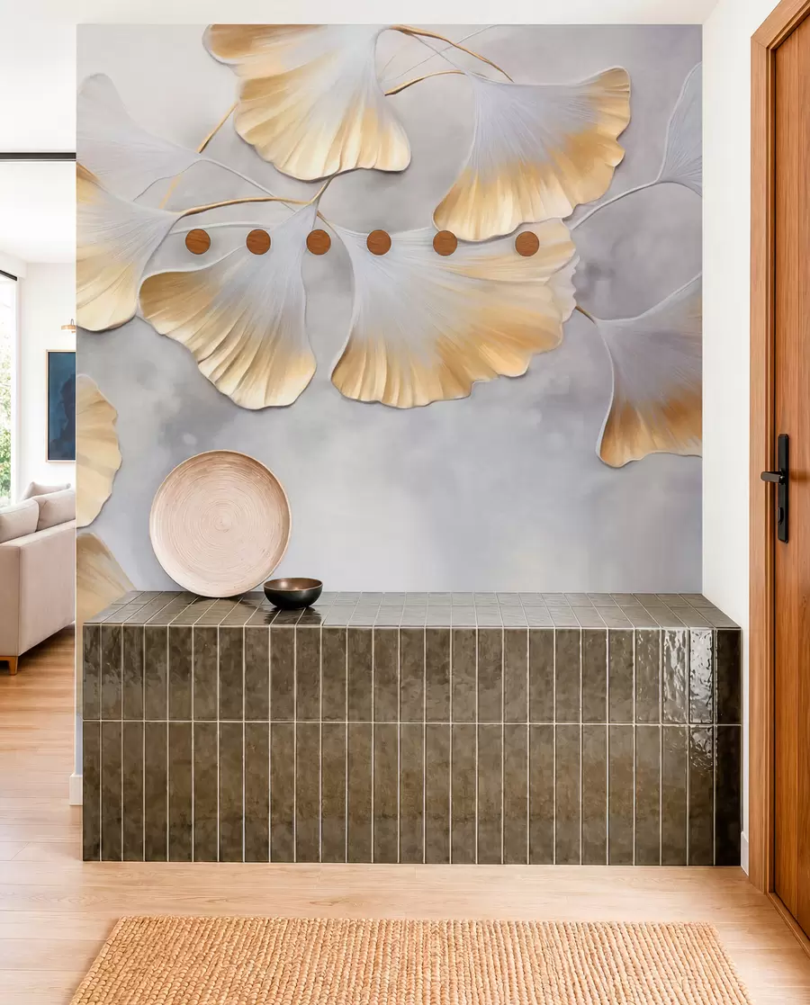 fototapeter Ginkgo biloba-blade med gule kanter på en gren, grå tekstureret baggrund, elegant og minimalistisk design w09472