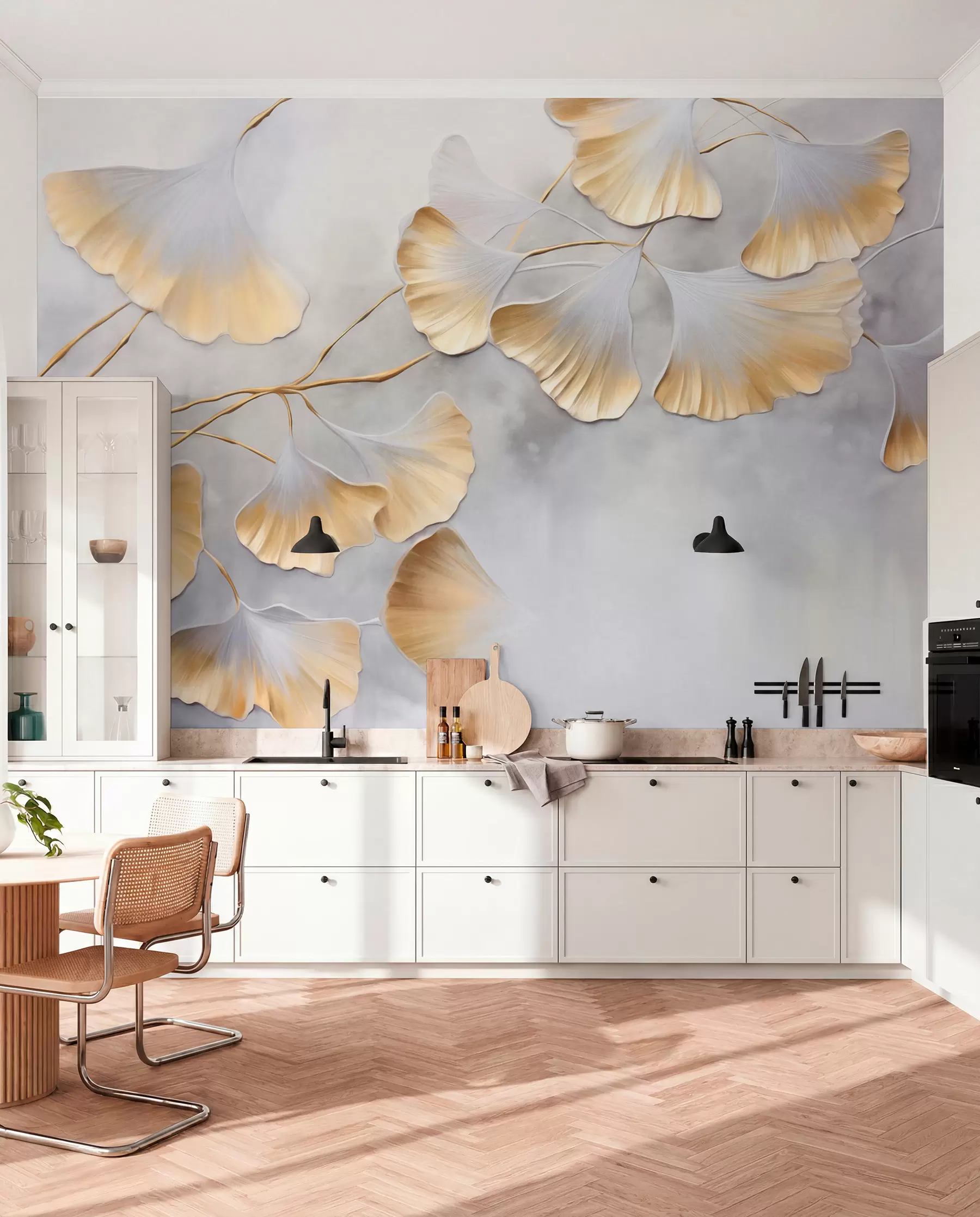 Murale Feuilles de ginkgo biloba aux bords jaunes sur une branche, fond texturé gris, design élégant et minimaliste w09472