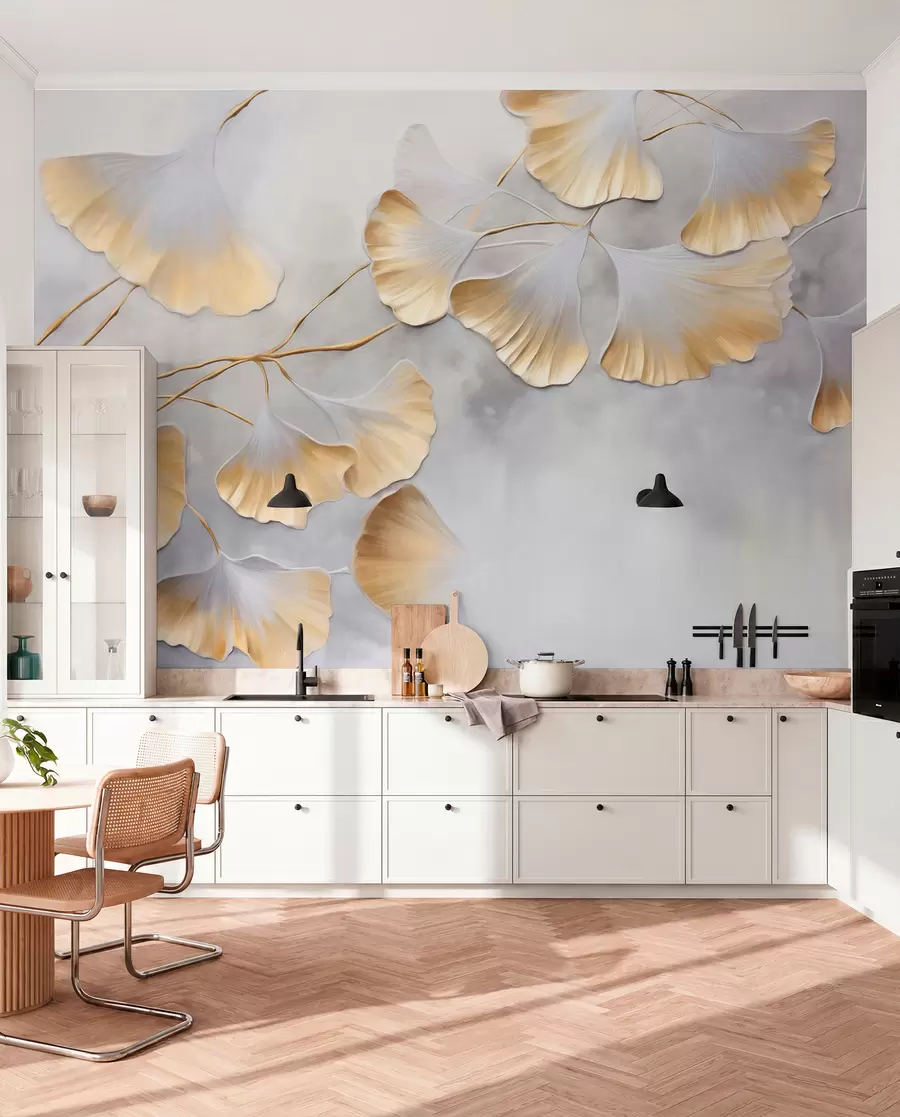 fototapeter Ginkgo biloba-blade med gule kanter på en gren, grå tekstureret baggrund, elegant og minimalistisk design w09472