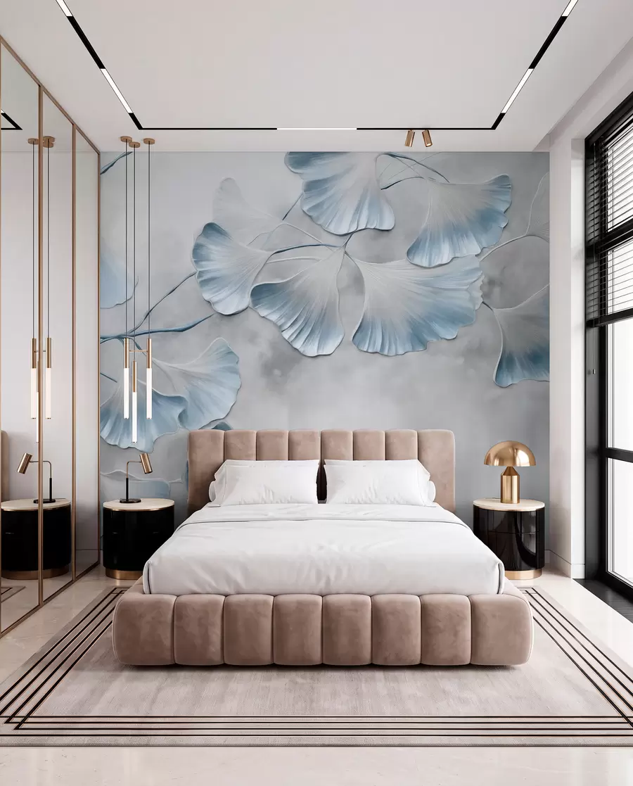 Fototapete Ginkgo-Biloba-Blätter mit blauen Rändern an einem Ast, grauer strukturierter Hintergrund, elegantes und minimalistisches Design w09472v1