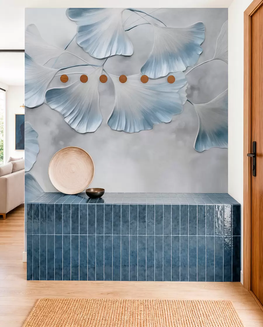 Murale Feuilles de ginkgo biloba aux bords bleus sur une branche, fond texturé gris, design élégant et minimaliste w09472v1