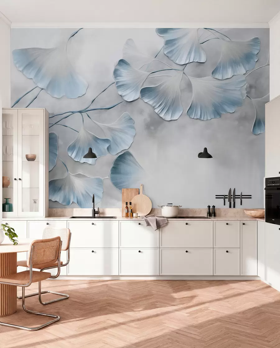 fototapeter Ginkgo biloba-blade med blå kanter på en gren, grå tekstureret baggrund, elegant og minimalistisk design w09472v1