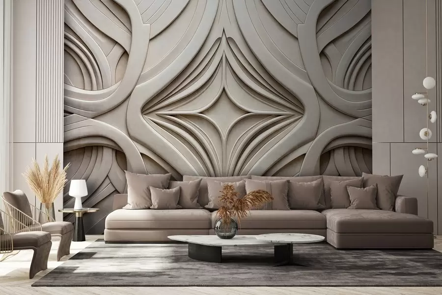 Fototapete Abstrakter symmetrischer geometrischer Druck mit Struktur, hellbeige Farbe, Art-Déco-Stil, aufwendige Details w09473